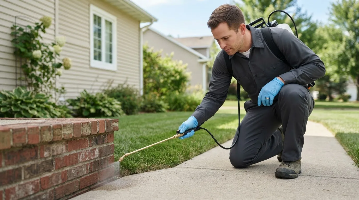 Pest control technician treating a home near Turners Falls, MA